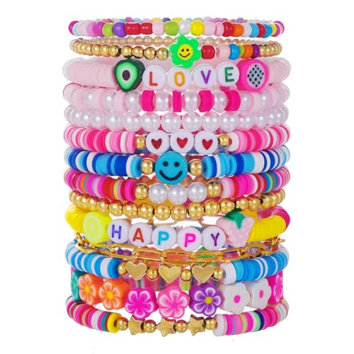 Friendship Bracelets Boho Stackable Bracelets for Women Surfer Heishi Clay Bead Bracelets Stretch Preppy Bracelets Colorful Boho Bracelets for Women - color: 14pcs HAPPY
