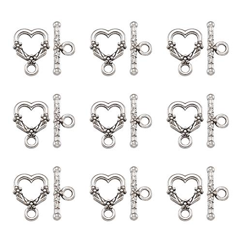 Craftdady 20 Sets Antique Silver Heart Toggle Clasps Tibetan T Bar Closure End Clasps for Bracelet Necklace Making - color: Antique Silver, 18.5x14mm