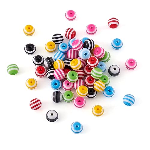 Craftdady 100Pcs Colorful Resin Stripe Round Ball Beads 10mm Mixed Colors Chunky Bubblegum Gumball Spacer Loose Beads for Jewelry Making Hole: 2mm - color: Colorful Stripe, size: 10mm