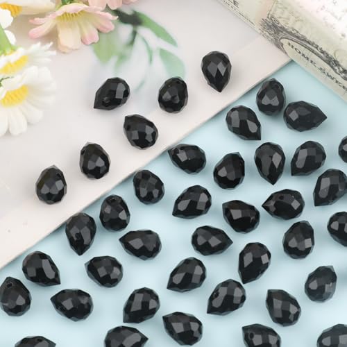 100pcs Black Faceted Crystal Glass Beads 8x10mm, Shiny Teardrop Glass Beads for Jewelry Making, Crystal Beads for Bracelet Necklace Earring DIY Craft - color: Black