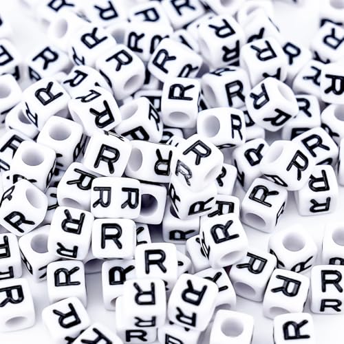 500Pcs White Square Letter Beads R 6X6mm Individual Cube Alphabet Beads for Friendship Bracelets Making - color: Square - R