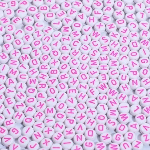 Pink Letter Beads Alphabet Letters White Round Bead, 4x7mm 1200pcs, Pink Beads for Bracelets Friendship Bracelets Making Kit Beads with Box - color: Pink Letter White Bead, size: 4×7mm(Round)