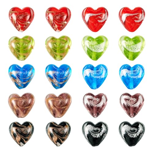Elecrelive 20Pcs Heart Glass Beads 20mm Silver Foil Lampwork Beads 10 Colors Heart Crystals for DIY Bracelet Necklace Earring Jewelry Making - color: 10 Colors