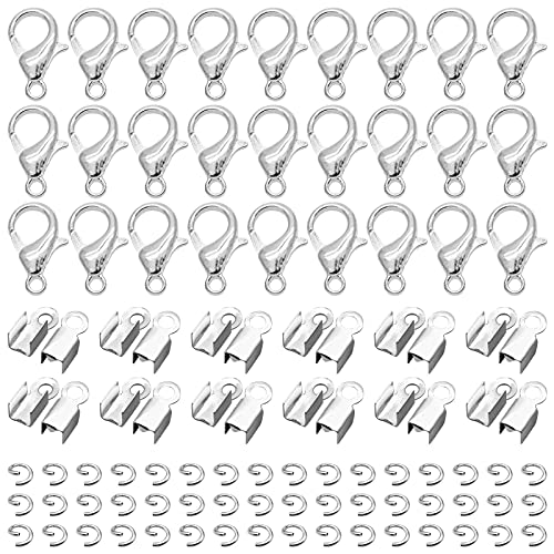 500Pcs Fold Over Cord Ends Kit for Jewelry Making,Jewelry Making Accessories Set Includes 100Pcs Lobster Claw Clasps 200Pcs Jump Ring 200Pcs Cord Clamp Ends Crimp for Leather Ribbon - color: Silver