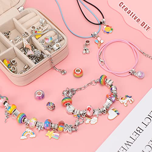 Hysagtek Charm Bracelet Making Kit - 66 Pcs DIY Jewelry Making Kit Bracelet Making Kit Beads Necklace Crafts for Teen Girls with Portable Bracelet Organizer Box, Rainbow - color: Pink