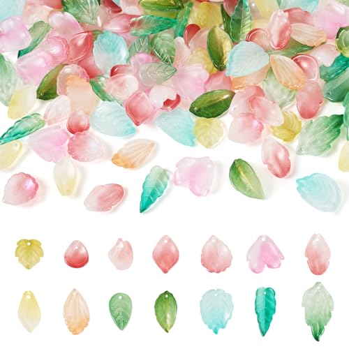 Glass Leaf Beads Crystal Glass Leaf Charms Transparent Leaves Pendants Tiny Green Leaf Bead Caps for Christmas Earring Bracelet Jewelry Making DIY Keychain Craft - color: Colorful-Spring