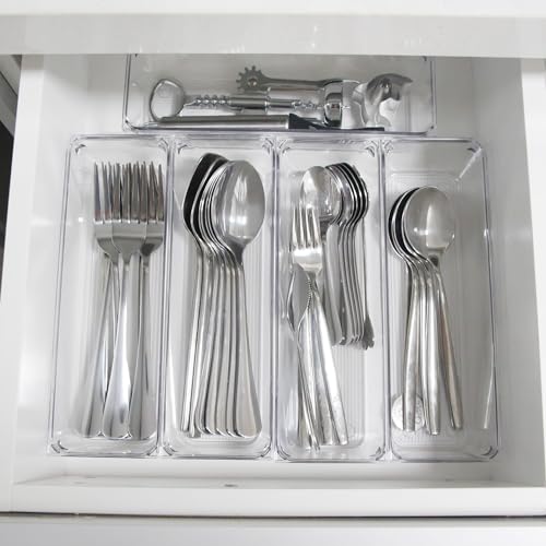 LotFancy 8 Pack Clear Plastic Drawer Organizers, 9.2''×3''×2'', Food Grade Storage Trays, Non-Slip Storage Bins for Kitchen Utensil, Silverware Cutlery, Bathroom, Office Desk, Makeup, Jewelry