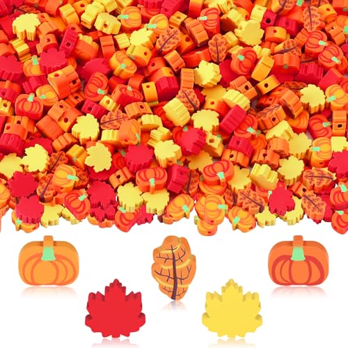 Fall Polymer Clay Beads, 300pcs Thanksgiving Fall Leaf Pumpkin Clay Beads for Jewelry Making Autumn DIY Bracelet Necklace Accessories Craft Party Supplies - color: Yellow Orange