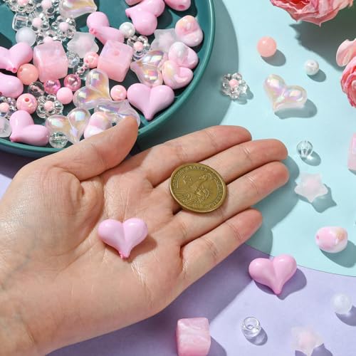 Ipotkitt 160 Pcs Pink Themed Transparent Opaque Acrylic Beads Mixed Shapes Heart Round Flower Star Beads Plastic Spacer Loose Beads for Jewelry Making - color: 160pcs-Pink Themed Beads-6~17mm