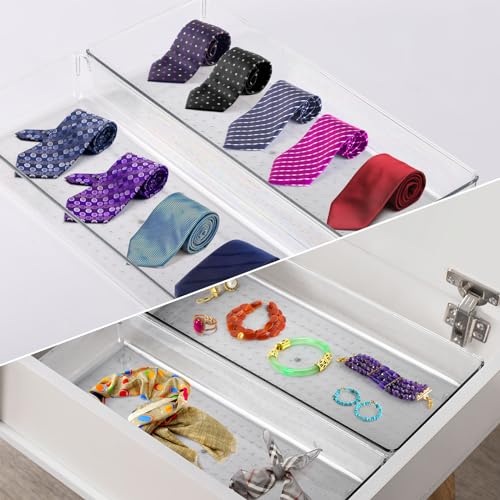 6 Pcs Large Clear Plastic Drawer Organizers Tray 15" x 6.3" Storage Bins with 25 Pcs Non-Slip Pads for Makeup, Jewelries, Kitchen Utensils, Bathroom and Office - size: 15"x6"