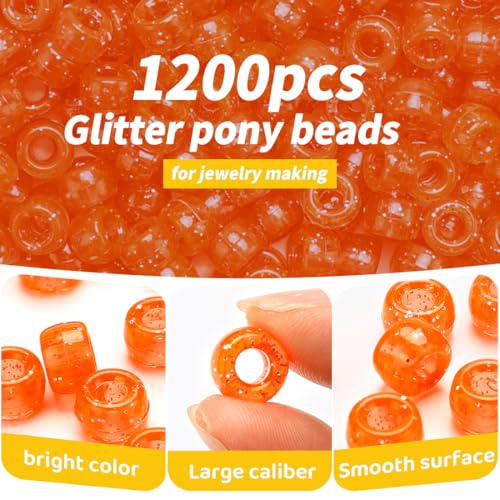 1200pcs Pony Beads Bulk – Glitter Orange 6x9mm Plastic Craft Beads for Bracelets, Jewelry, Hair Braiding & DIY Projects - color: Glitter Orange