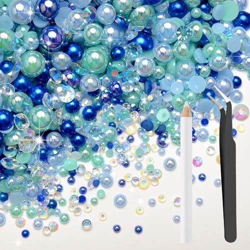 80g Mix Flatback Pearls and Rhinestones for Crafts Blue Mixed Size 2mm-10mm Half Round Pearls Rhinestones for Nail Art Tumblers Shoes DIY Bedazzling with Tweezers Wax Pen - color: Blue