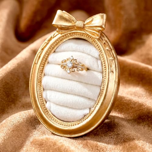 Liliaafar Vintage Ring Holder Classic bow Gold Ring Wedding Display Suede Jewelry Box Stand Frame Earring Tray Anniversary Engagement Baroque Organizer Photograph Prop for Women Birthday Gifts - color: Gold, style: Classic bow