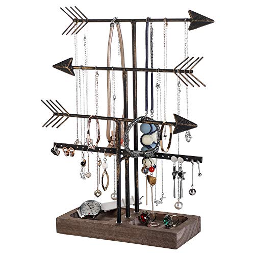 Urban Deco Arrow Jewelry Organizer Stand 4-Tier Black Jewelry Stand Necklace Organizer With Wooden Ring Holder For Jewelry Display Bracelet Holder Stand Earring Organizer For Girls - Black - color: Black