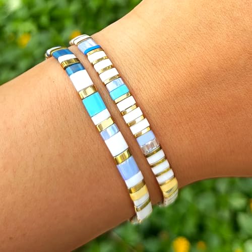Tila Flat Beaded Bracelet for Women,Bohemian Colorful Stretch Square Glass Bead Elastic Layred Bracelet Stack, Handmade Boho Trendy Holiday Jewelry Accessories Friendship Gift - color: White Green