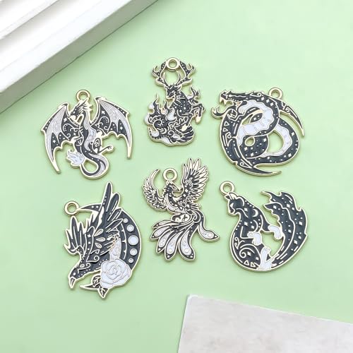 Sailanzi 12pcs Alloy enamel black Gothic style animal flying dragon fox series Pendant Jewelry Making DIY Keychain Earrings Pendant Various Design Charms for Jewelry Making Bracelets Necklace (SN981) - color: SN981
