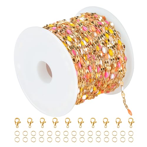 UMAOKANG 5 Meters Stainless Steel Chain for Jewelry Making Multicolored Craft Chain Gold Plated Chain for Women Necklace Bracelet DIY Jewelry Supplies - color: Gold-Multicolored 2(yellow pink)