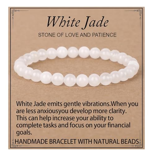LPBeads Handmade Natural Gemstone Stretch Elastic Bracelet Healing Crystal Round Stone Beads Jewelry Gifts for Women Men - color: White Jade, size: 6mm