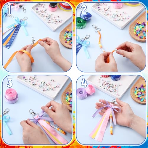 Zeyune 233 Pcs 20 Set DIY Bead Keychain Making Kits Bag Charm Beads Making Craft Ribbon Bow Key Chain Letter Alphabet Keychain Jewelry Accessories for Mothers Day Gifts Jewelry Make Party Favor