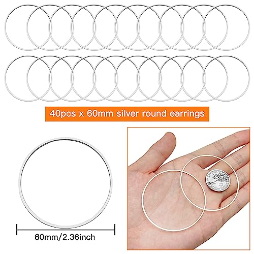 40pcs Earring Hoop Jewelry Making,60mm Beading Hoop Earrings Hypoallergenic Round Earrings Open Back Bezel Pendants for Jewelry Finding DIY Craft Women Gifts(Silver) - color: Silver