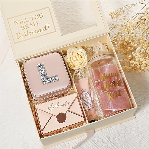 CHMI Personalized Jewelry Box for Women and Girls - Travel Essential and Birthday Gift - Bridesmaid Gift - Initial Pink J - color: Champagne Pink, size: J