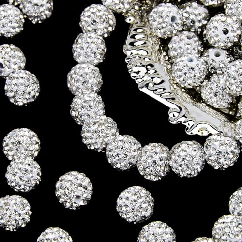 100Pcs 10mm White Rhinestone Beads for Jewelry Making, Shiny Round Disco Ball Sparkly Beads Bulk with 10-Grid Storage Box for DIY Baseball Necklaces Shamballa Bracelets - color: White