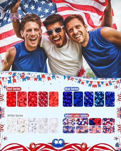 Goldwise 1578Pcs 4th of July Red White Blue Beads Bracelet Making Kit with Clay Seed Plastic Pony Pearl Beads, Patriotic USA Flag Star Beads, Metal Charms Earrings for Jewelry Making - size: 4th of July