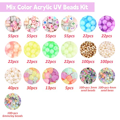 Glow in The Dark Beads UV Letter Alphabet Smile Star Glass Seed Clay Pearl Beads Plastic Pony Hair Bead Acrylic Colorful Changing Bead for DIY Craft Bracelet Necklace Jewelry Making Kit Mix Bulk - color: Luminous Beads