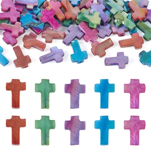 50 Pcs Shell Cross Beads Natural Freshwater Shell Beads Colorful Crucifix Spacer Bead Easter Charms for DIY Necklace Bracelet Earring Jewelry Making - color: Shell-Colorful