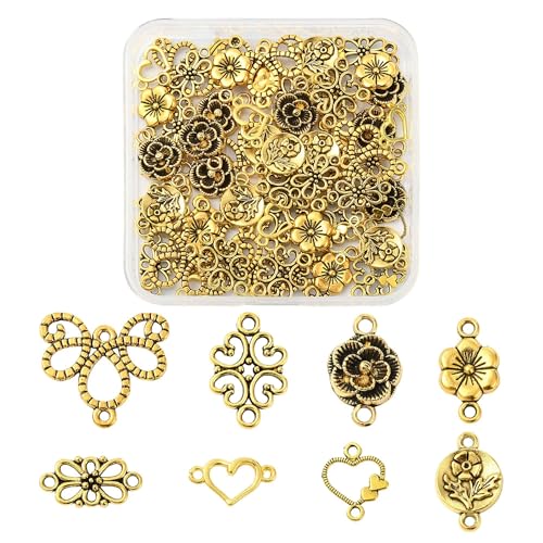 Assorted Metal Connectors Pendants Charms for Jewelry Making with Double Loops Flower Evil Eyes Butterfly Heart Cross Links Golden Pendants for Necklaces Bracelets Earrings - color: Heart&Flower-64 pcs