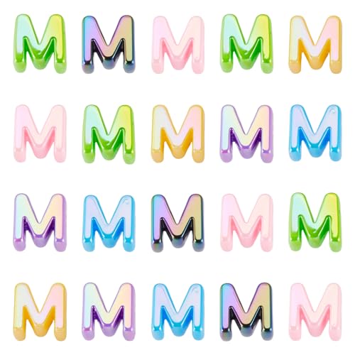 Beadthoven 20pcs Big Letter M Beads Large Hole Bubble Alphabet Acrylic Beads Charm Iridescent Plastic M Shape Loose Chunky Spacers for Jewelry Making Bracelet Necklace Keychains Shoelaces Crafts - color: M