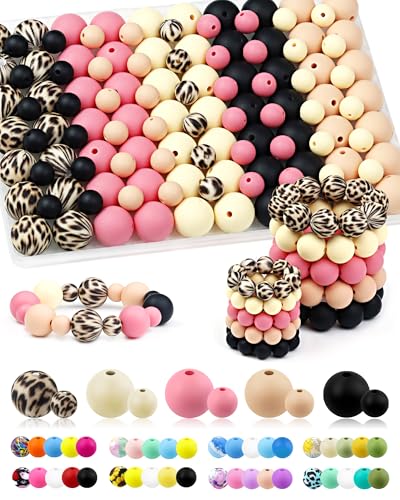 100PCS FIVEIZERO Silicone Beads for Keychain Making, 9mm & 15mm Pink Black Mixed 5 Colors Silicone Focal Beads for Bracelets, Beadable Pens and DIY Crafts - color: Pink Black