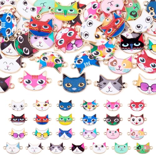 Craftdady Enamel Cat Charms Light Gold color Animal Connector Charms Cute Cat Pet Pendants for DIY Necklace Bracelet Earrings Keychain Craft Jewelry Making - color: 25 Color Cat Head Links