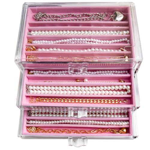 YUFONG Necklace Holder Organizer, Dustproof Necklace Box Velvet Necklace Organizer Box with Lid Clear Acrylic Dustproof Stackable Jewelry Displays for Necklaces Chain Display (Pink, 3 Drawer) - color: Pink, size: 3 Drawer