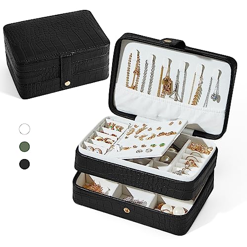 Travel Jewelry Case, Portable Jewelry Organizer Box with 3 Layers PU Leather Storage for Earrings, Necklaces, Rings, Bracelets, Compact Jewelry Gift for Women, Christmas Gifts (Black) - color: Croco-Black