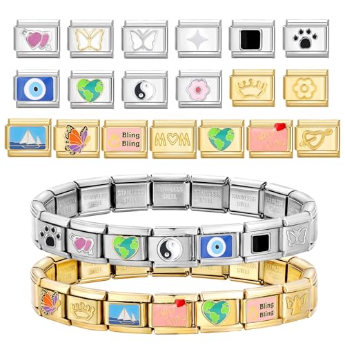 Italian Charms Bracelet Sets with 1Pcs Starter Brascelet 9Pcs Charms 9mm Italian Modular Charm Bracelet DIY Module Jewelry Gifts - color: B-Starter Bracelet Set-20Pcs-2Sets