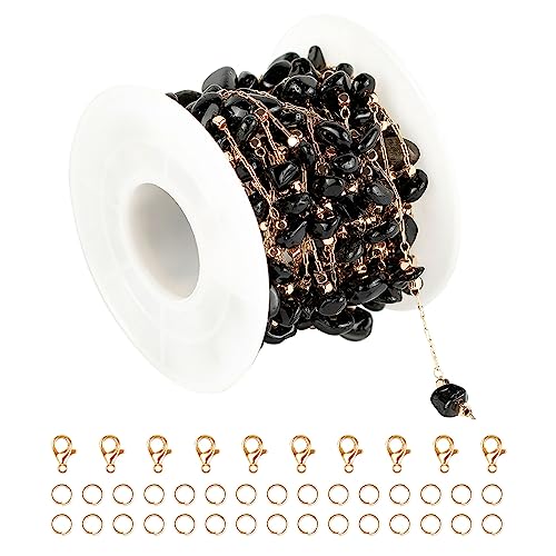 KYUNHOO 16.4 Feet Natural Stone Jewelry Chains Bulk Black Irregular Stones Chains for Necklace Anklet DIY Gold Plated Jewelry Making Supplies - color: Natural Stone-Black