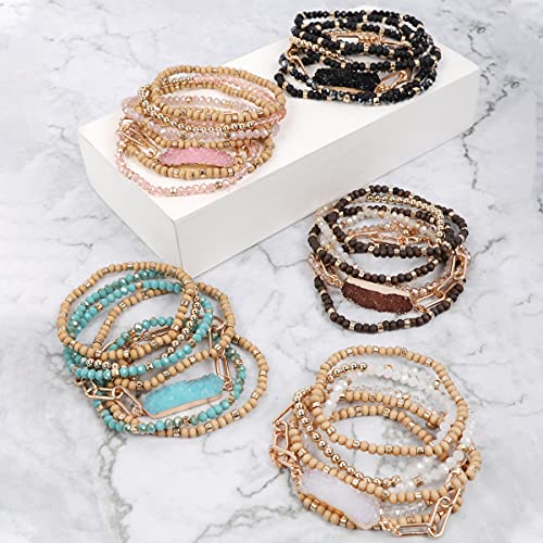 RIAH FASHION Bohemian Acrylic Druzy Multi-Layer Bead Statement Bracelet - Versatile Faux Stone Pendant Stretch Strand Stackable Cuff Bangle Set Sparkly Crystal - color: Hexa Druzy Wood Mix - White