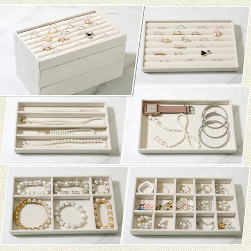 9 Set Velvet Jewelry Drawer Organizer Inserts, Stackable Jewelry Organizer Trays with Removable Dividers, Jewelrys Storage Display Tray, for Earring Ring Necklace Watch Bracelet, Beige