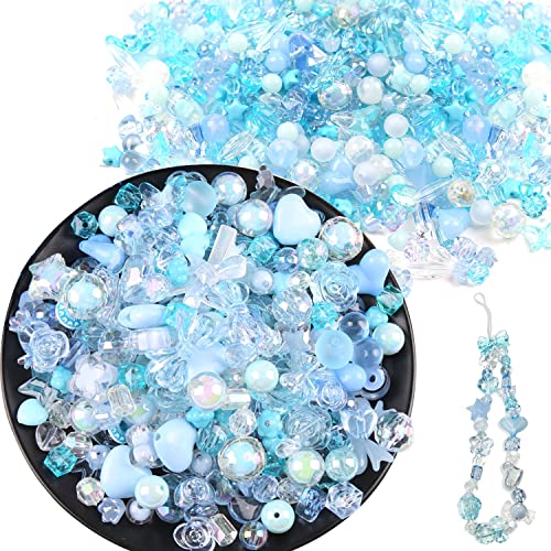 150g(170~230pcs) Aesthetic Acrylic Assorted Beads Cute Beads for Jewelry Making Kawaii Flower Heart Star Butterfly Bow Round Beads Bulk for Bracelets Making Necklaces DIY Crafts (Blue) - color: 150g-Blue