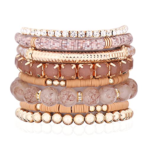 RIAH FASHION Multi Color Stretch Beaded Stackable Bracelets - Layering Bead Strand Statement Wrap Bangles - color: Boho Mix - Light Brown, size: 7.0 Inches Length