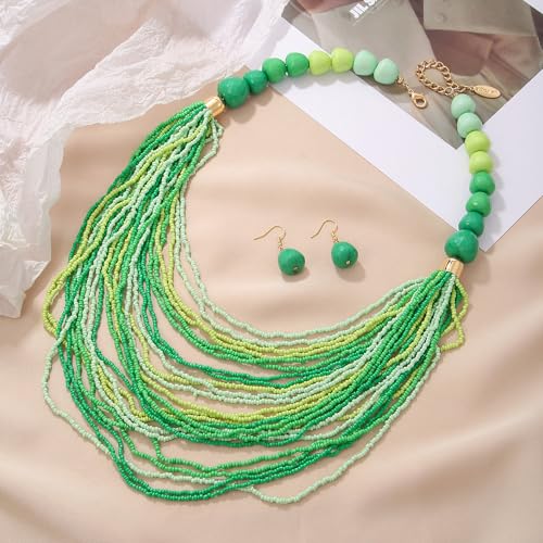 Bocar Necklace for Women, Multi Layer Statement Necklace, Long Chain Chunky Bib Seed Beads Necklace, Necklace Earring Set for Women Gift (NK-10693) - color: Mix green-set
