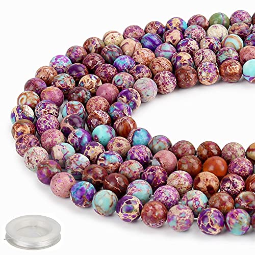 70PCS Natural 8MM Healing Gemstone Colorful Imperial Jasper Energy Stone Round Loose Beads, Semi-Precious Crystal Beads with Free Elastic String for Jewelry Making DIY - color: Colorful Imperial Jasper, size: 8MM