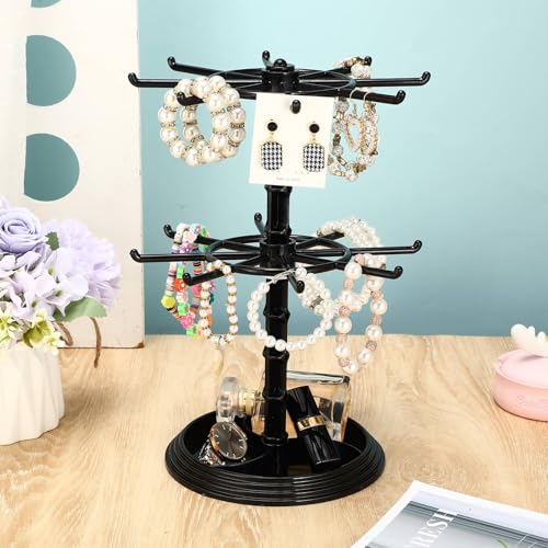 2 Pack Keychain Display Stand Rotating Jewelry 2 Tier Necklace Holder Plastic Spinning Bracelet Hanging Organizer Rotating Rack Earring Bracelet Stands for Vendors Malls Counter Dressing Table - color: Black
