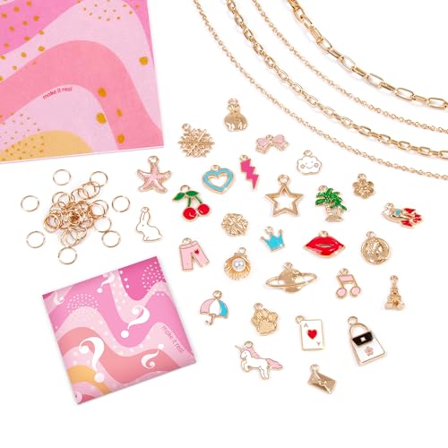 Make It Real: Handful of Charm - 70 pc DIY Jewelry Set, 4 Chain Lengths, Design & Create, Charm Necklace & Bracelet Craft Kit, Girls & Kids Age 8+