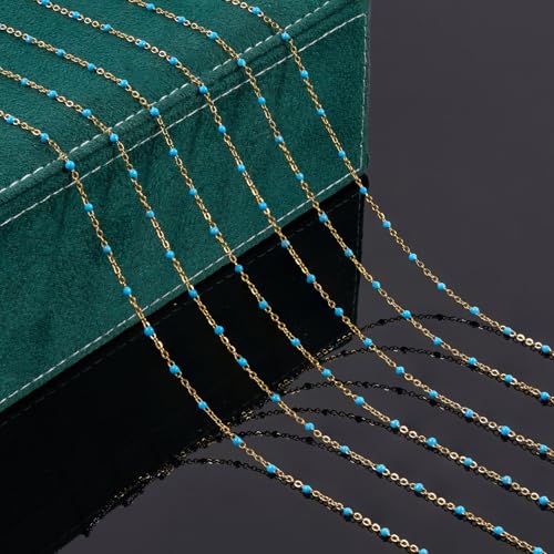 UMAOKANG 10 Meters Light Blue Enamel Bead Chains for Jewelry Making Gold Plated Stainless Steel Chain Bulk on Spool - color: Light Blue Bead-Gold