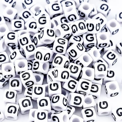 500Pcs Letter Pony Beads G 6X6mm Individual White Acrylic Alphabet Beads for Friendship Jewelry Making - color: Square - G