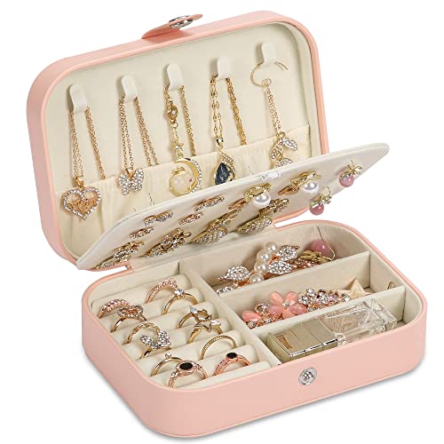 Travel Jewelry Box, PU leather Small Jewelry Organizer For Female Girls, double layer portable mini travel case for storing earrings, rings, necklaces.(Pink) - color: pink