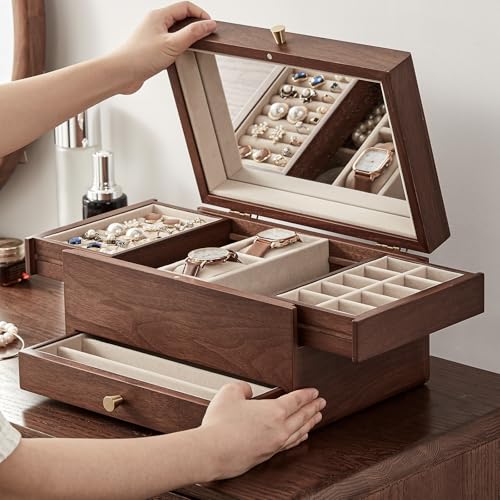 CHOSIN Black Walnut Jewelry Box for Women, 3-Level Multi-functional Organizer with Mirror for Watches, Necklaces, Rings & Earrings Storage Mothers Day Gifts for Mom - style: With Mirror