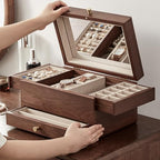 CHOSIN Black Walnut Jewelry Box for Women, 3-Level Multi-functional Organizer with Mirror for Watches, Necklaces, Rings & Earrings Storage Mothers Day Gifts for Mom - style: With Mirror